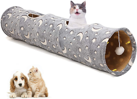 Collapsible Cat Tunnel Tube – Glow-in-the-Dark with Plush Ball Toys for Cats, Rabbits, Ferrets & Small Pets (Grey Moon & Star)       Ask ChatGPT