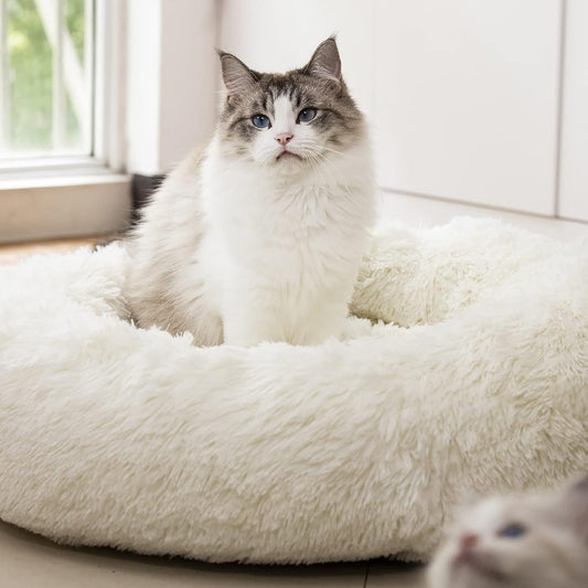 Anti-Anxiety Donut Dog & Cat Bed – Fluffy Faux Fur, Washable & Calming for Joint Relief (27", White)